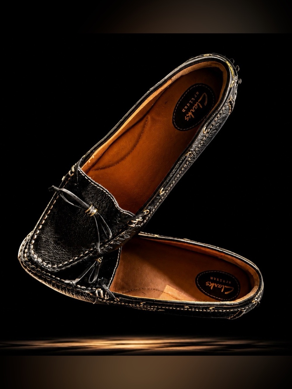 Clarks Black Leather Moccasin Loafers with Tan Interior